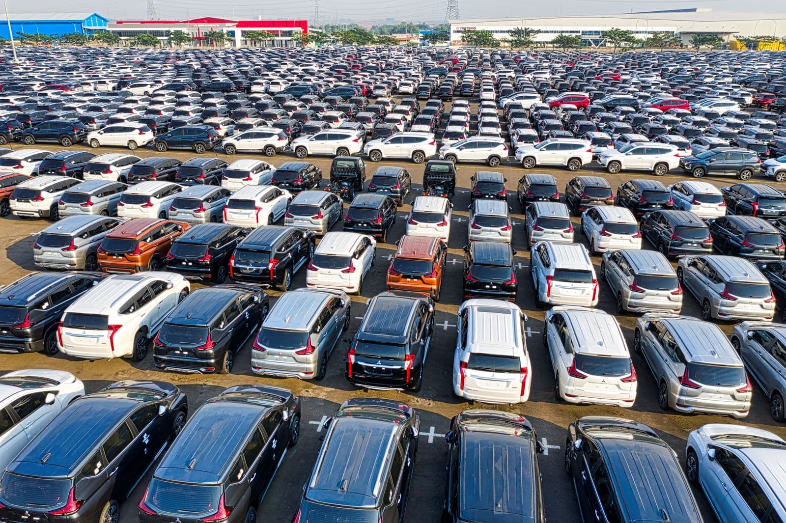 New cars at a factory lot